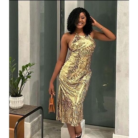 Zara Tiger Print Metallic Gold Midi Dress with Open Back Halter Top Size Small - Picture 3 of 11